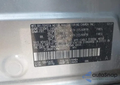 2021 Toyota Rav4 Hybrid Xle Premium z USA, uszkodzony, nr VIN 2T3B6RFV3MW019741